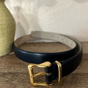 Liz Claiborne Navy Leather Belt with Gold Buckle
